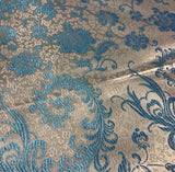Blue & White Feather Floral - Faux Silk Brocade Fabric