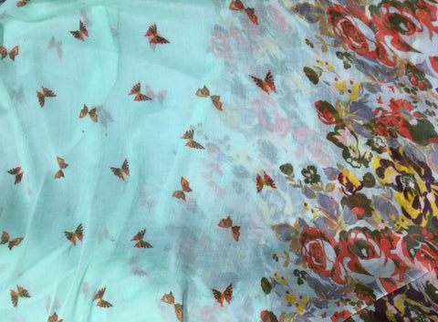 Mint Butterfly Floral - Polyester Gauze Voile Fabric