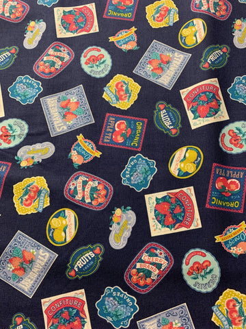 Dark Blue Vintage Fruit Labels - Kokka Japan Cotton/Linen Sheeting Fabric