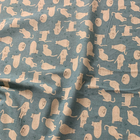 White Cats on Blue - Kokka Japan Cotton/Linen Sheeting Fabric