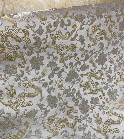 White with Gold Dragons - Silk Brocade Fabric