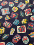 Dark Blue Vintage Fruit Labels - Kokka Japan Cotton/Linen Sheeting Fabric
