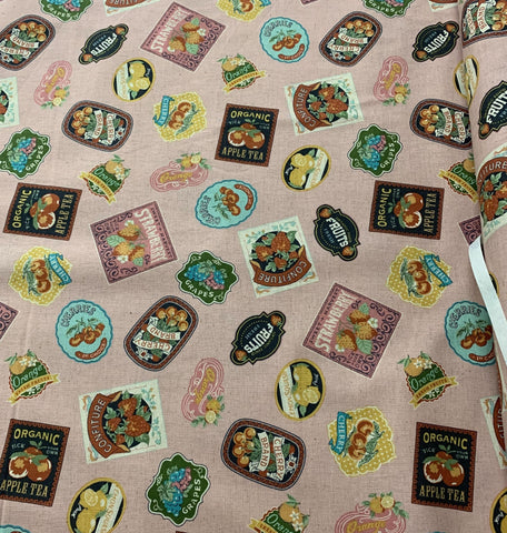 Pink Vintage Fruit Labels - Kokka Japan Cotton/Linen Sheeting Fabric