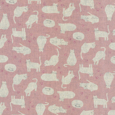 White Cats on Pink - Kokka Japan Cotton/Linen Sheeting Fabric