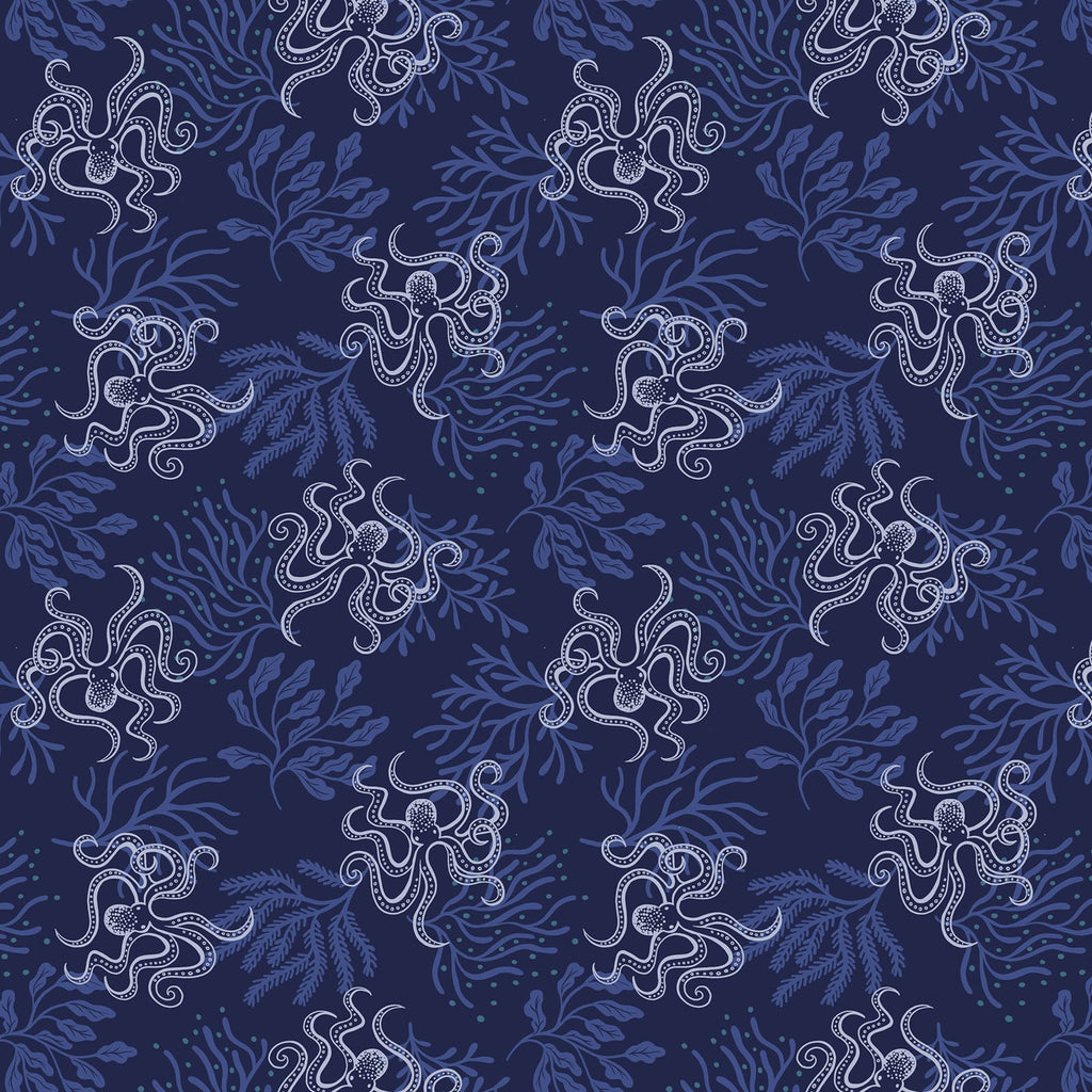 Moontide Octopus - Dark Blue with Silver Metallic - Lewis & Irene Cotton Fabric