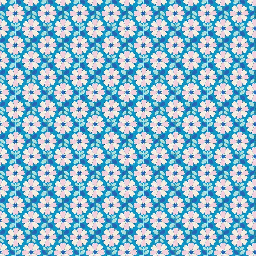 Midsommar - Pink Flowers on Blue - Figo Cotton Fabrics