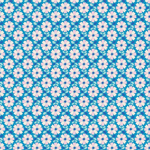 Midsommar - Pink Flowers on Blue - Figo Cotton Fabrics