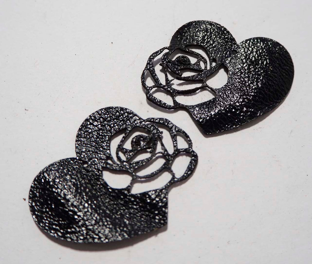 Rose Heart - Laser Cut Shapes 2 Pc - Black Lambskin Leather