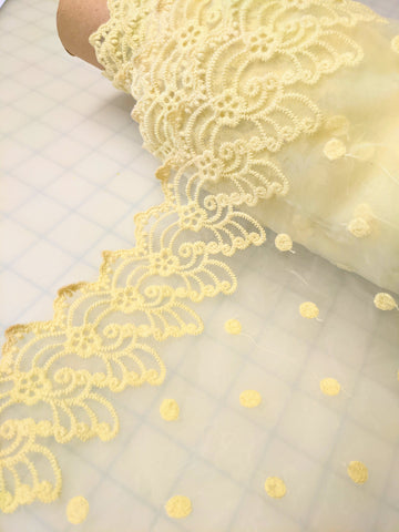 Pale Yellow Polka Dots with Lace Border Embroidered Organza Fabric
