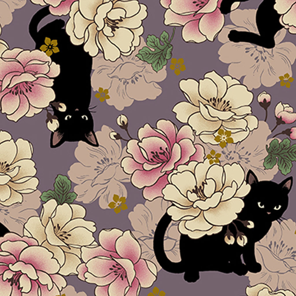 Japan Neko Metallic Cats & Flowers on Lavender Purple - Quilt Gate Cotton Sheeting Fabric