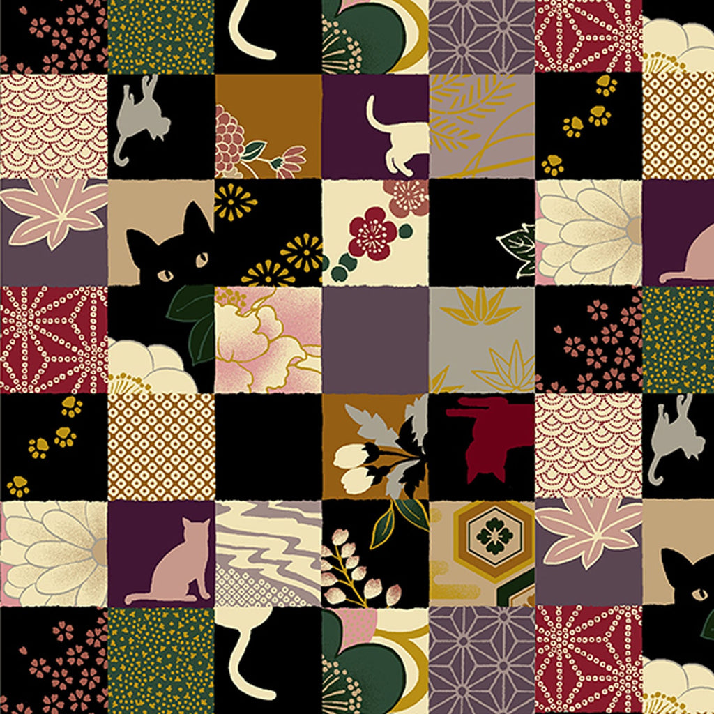 Japan Neko Metallic Cats & Bows Patchwork - Quilt Gate Cotton Sheeting Fabric