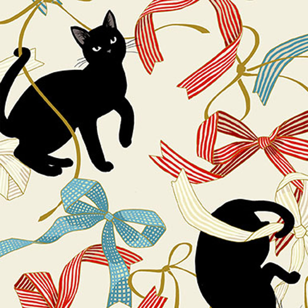 Japan Neko Metallic Cats & Ribbon Bows on White - Quilt Gate Cotton Sheeting Fabric