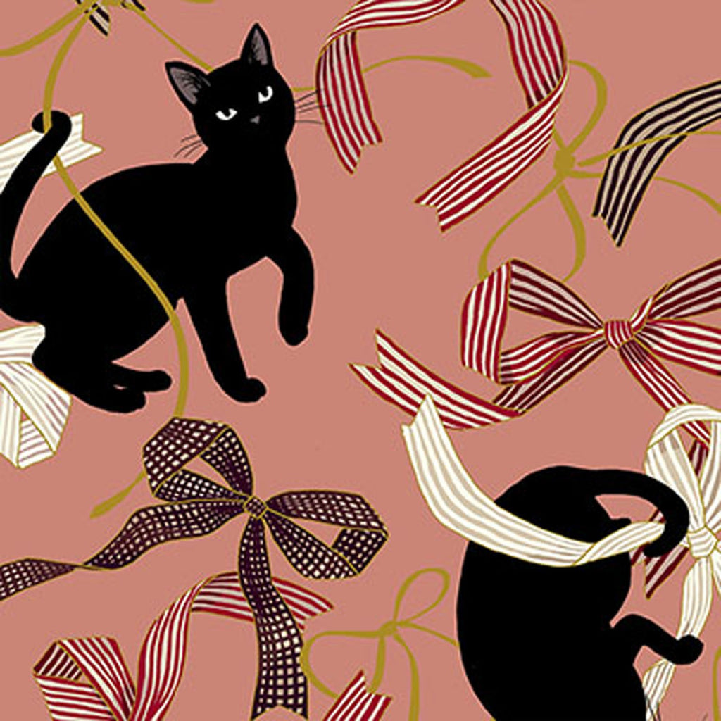 Japan Neko Metallic Cats & Ribbon Bows on Pink - Quilt Gate Cotton Sheeting Fabric