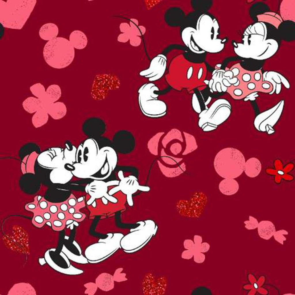 Mickey & Minnie Love with Red Metallic - Springs Creative Cotton Fabric