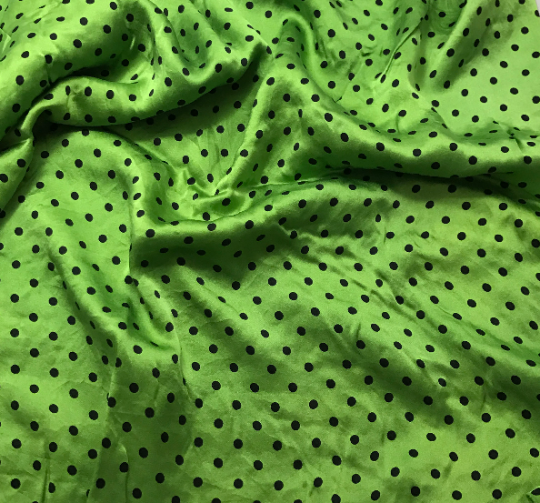 Sour Apple & Black Polka Dots - Hand Dyed Silk Charmeuse Fabric