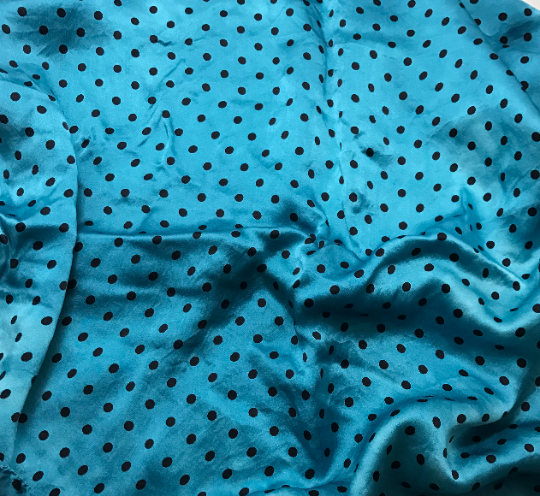 Teal Blue & Black Polka Dots - Hand Dyed Silk Charmeuse Fabric