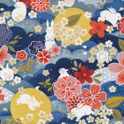 The Moon Rabbit - Japanese Floral Navy - Paintbrush Studio Cotton Fabrics
