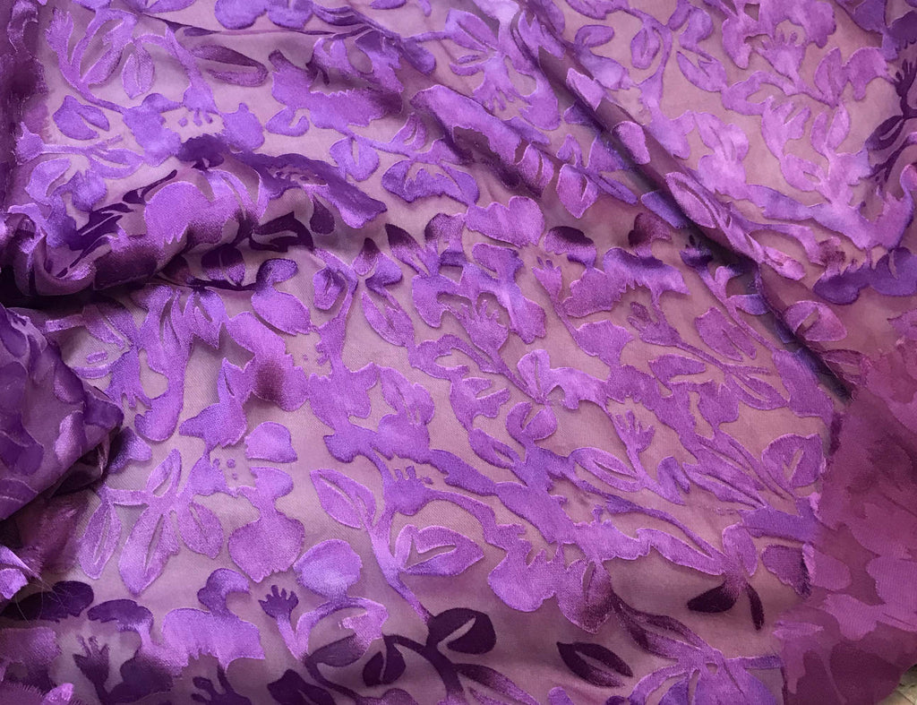 Amethyst Purple Floral - Hand Dyed Burnout Devore Silk Satin