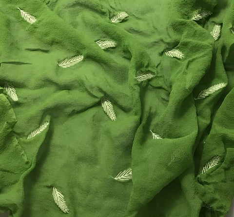 Apple Green - Hand Dyed Embroidered Leaves Silk Chiffon