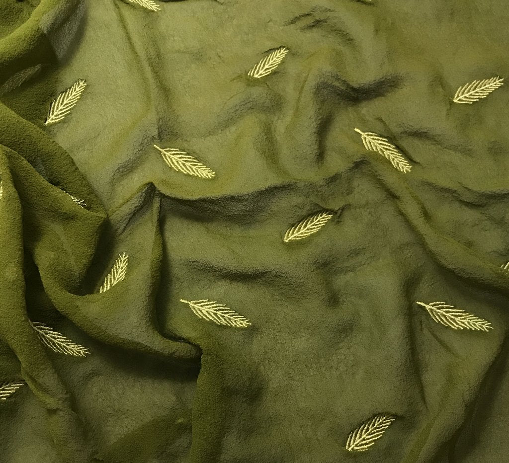 Avocado Green - Hand Dyed Embroidered Leaves Silk Chiffon