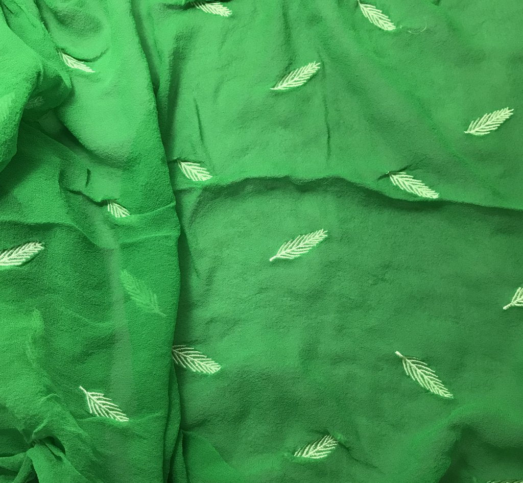 Bright Kelly Green - Hand Dyed Embroidered Leaves Silk Chiffon