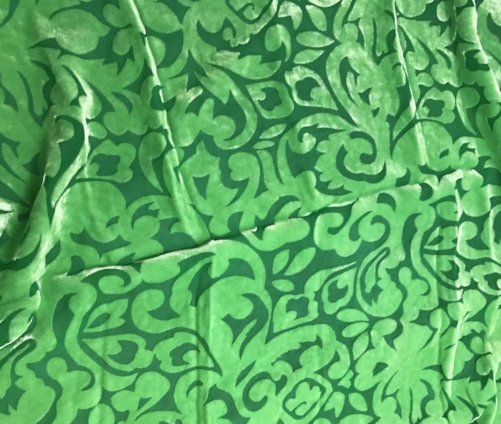 Bright Kelly Green Scroll - Hand Dyed Burnout Silk Velvet