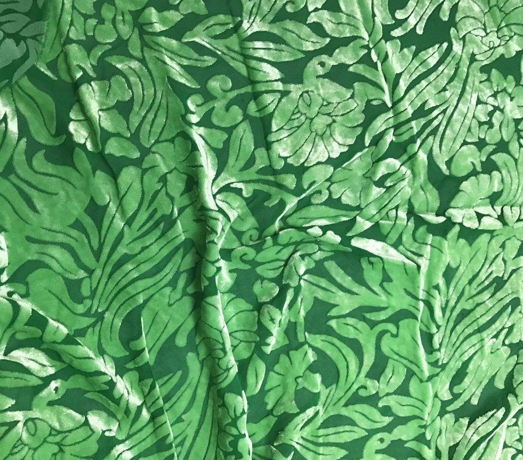 Bright Kelly Green Floral - Hand Dyed Burnout Silk Velvet