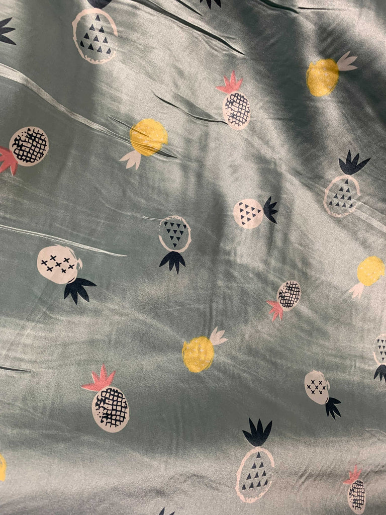 Pineapples on Gray - Faux Silk Charmeuse Satin Fabric