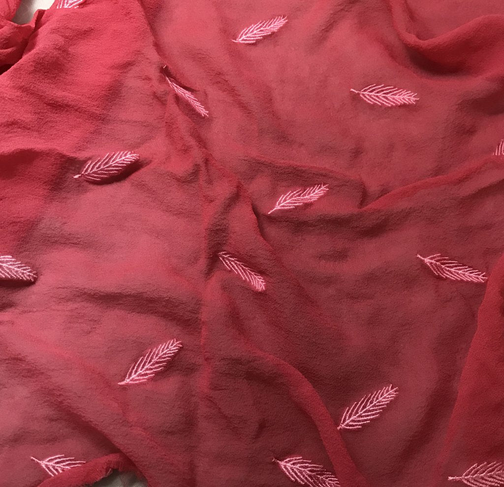 Cherry Red - Hand Dyed Embroidered Leaves Silk Chiffon