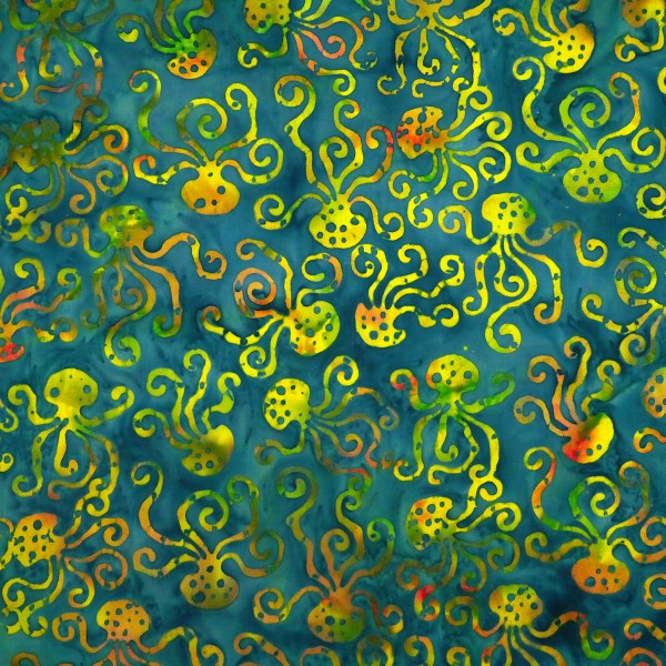 Coral Treasure - Riggs Teal/Yellow Octopus - Batik by Mirah Cotton Fabric