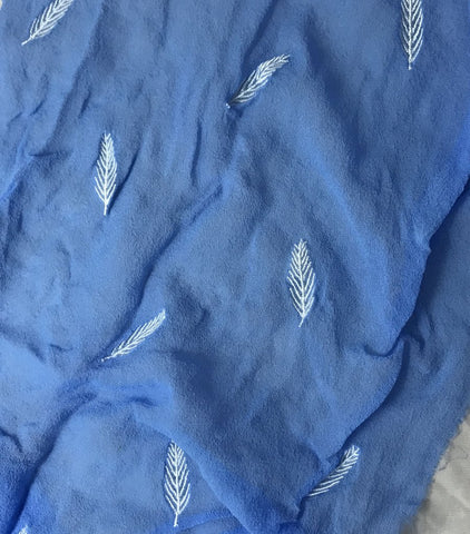 Cornflower Blue - Hand Dyed Embroidered Leaves Silk Chiffon