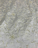 Ivory Embroidered Beaded Floral - Silk Dupioni Fabric