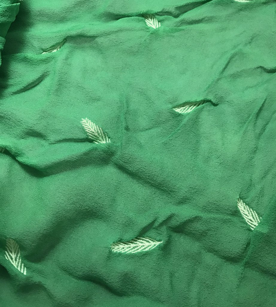 Emerald Green - Hand Dyed Embroidered Leaves Silk Chiffon