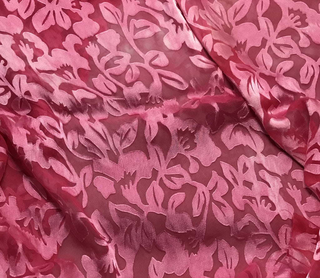 Fuchsia Pink Floral - Hand Dyed Burnout Devore Silk Satin 1/4 Yard x 45"