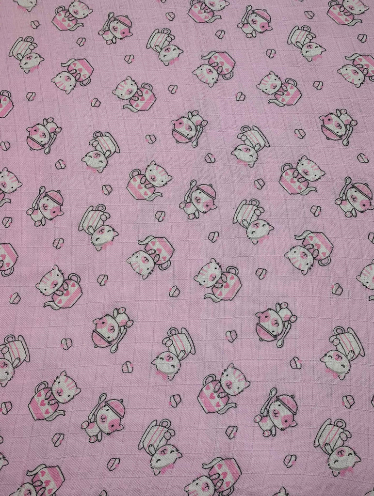 Teatime Kittens on Pink - E Studio Cotton Double Gauze Fabric