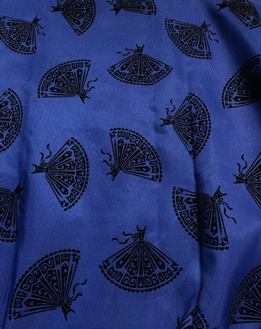 Black Fans on Blue - Flocked Polyester Faille Fabric - Gertie Collection