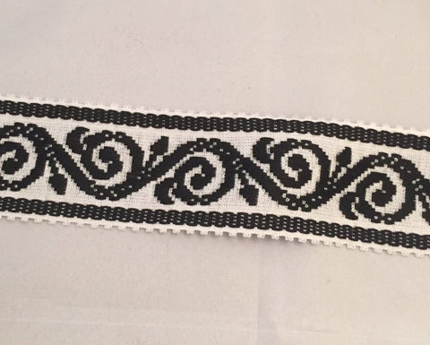Vintage Wide Jacquard Ribbon - Black & White Scroll (2-7/8 wide