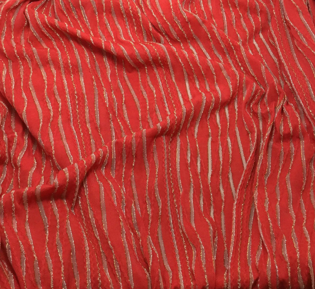 Bright Red & Gold Metallic Stripes - Poly/Lycra Knit Fabric