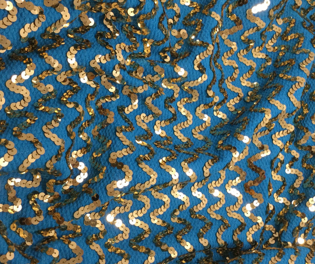 Blue & Gold Metallic Zig Zag Sequin Poly Knit Fabric