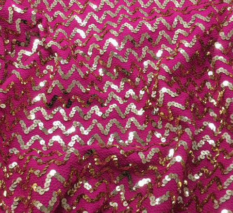 Hot Pink & Gold Metallic Zig Zag Sequin Poly Knit Fabric