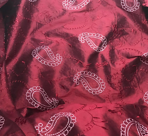 Cranberry Red Paisley - Embroidered Silk Dupioni Fabric - 2.5 Yards x 54" Remnant