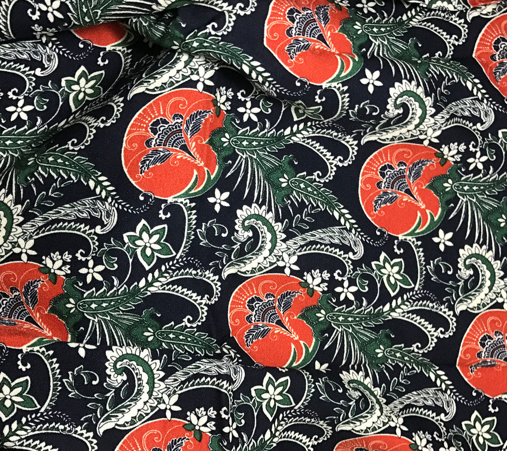 Orange Navy & Green Floral Medallion Paisley - Crepe Fabric
