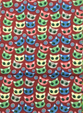 Smiling Cats on Red- Poly/Cotton Broadcloth Fabric
