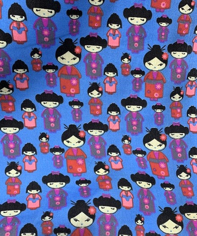 Japanese Geishas on Blue - Poly/Cotton Broadcloth Fabric