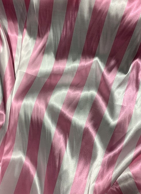 Pink & White Wide Stripe - Faux Silk Charmeuse Satin Fabric