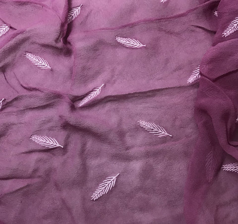 Lilac - Hand Dyed Embroidered Leaves Silk Chiffon