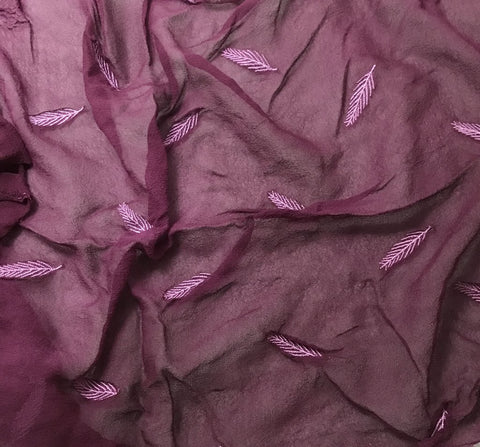 Maroon - Hand Dyed Embroidered Leaves Silk Chiffon