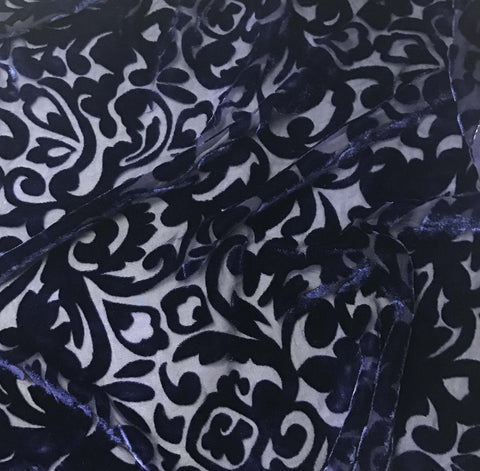 Midnight Blue Scroll - Hand Dyed Burnout Silk Velvet