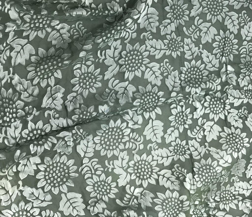 Moss Green Sunflowers Floral - Hand Dyed Burnout Devore Silk Satin