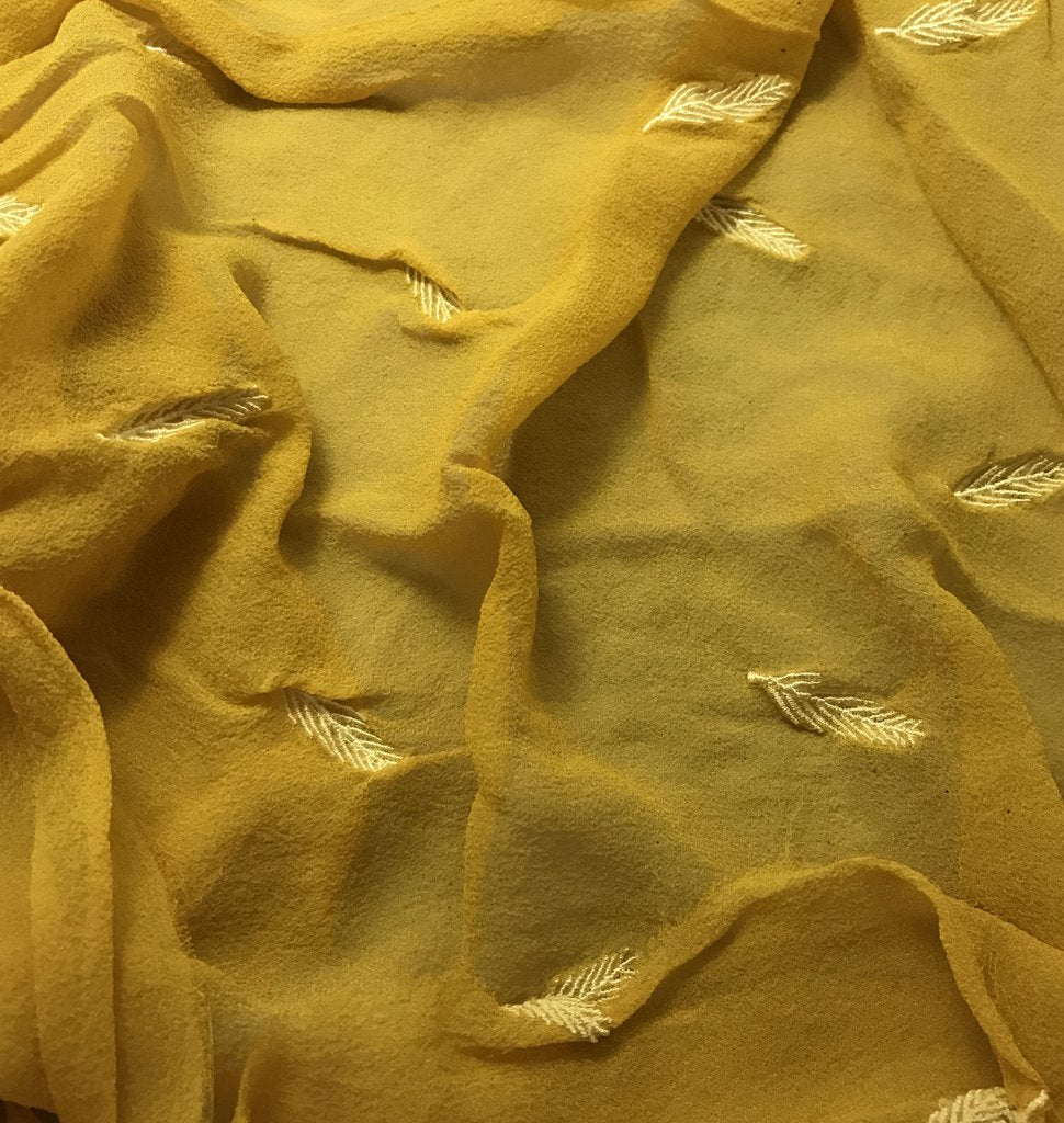 Mustard Yellow - Hand Dyed Embroidered Leaves Silk Chiffon